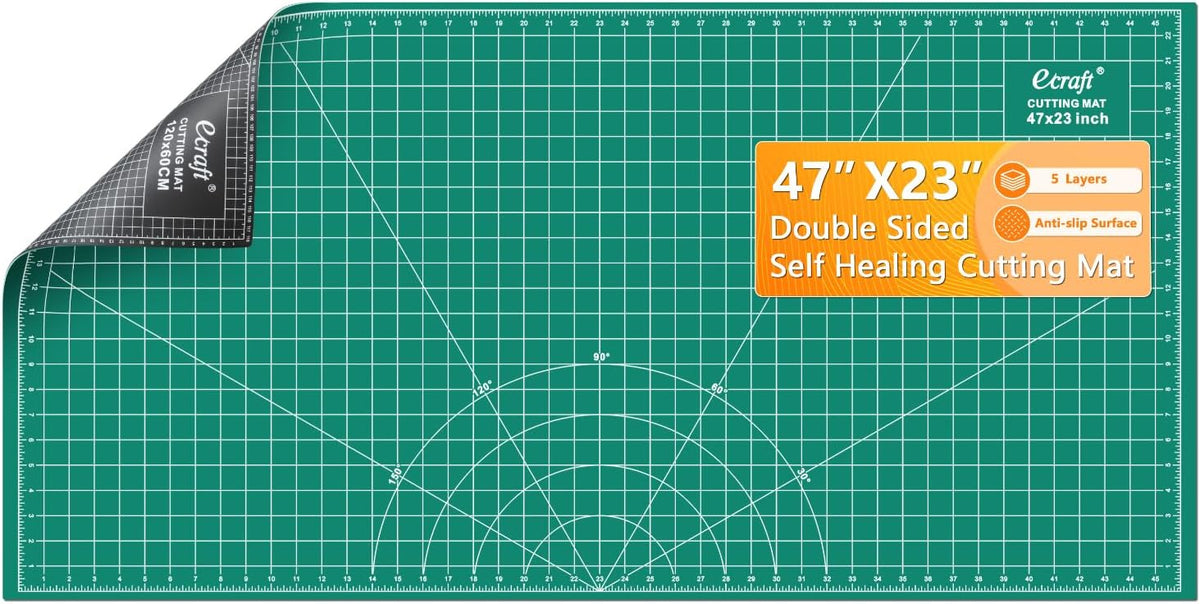 Ecraft 23"x47" Large Self Healing Non-Slip Cutting Mat, Double Sided 5-Ply Black Green Mat for Quilting, Sewing, Fabric, Crafts and Scrapbooking