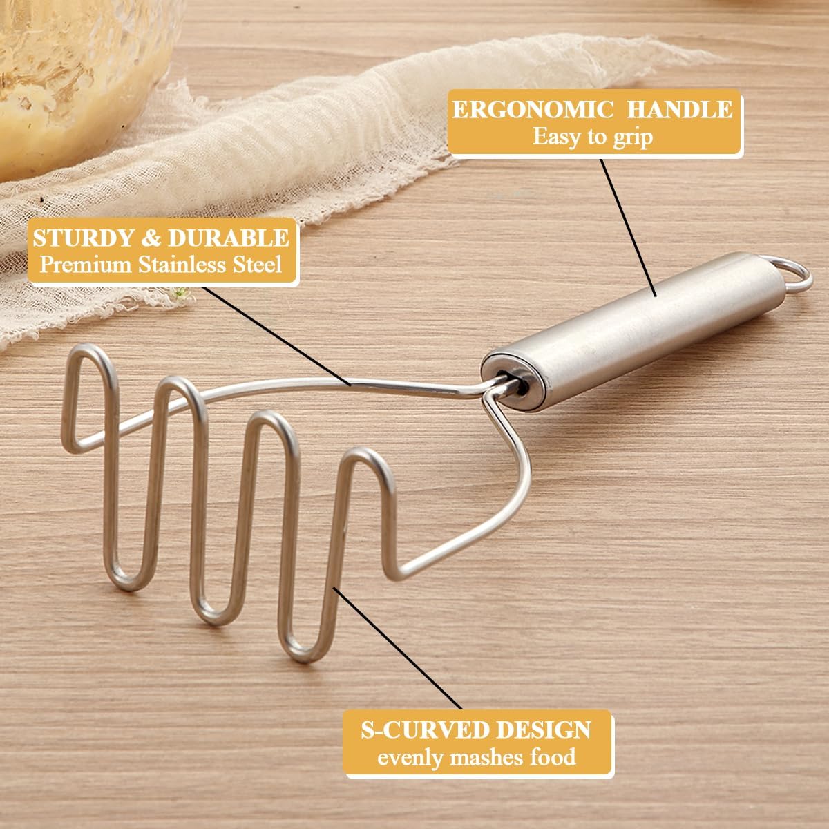 Potato Masher 2 Pcs, Kyraton Stainless Steel Heavy Duty Mash Potatoes Masher Kitchen Tool Utensils for Avocado Potatoes Beans Meat Vegetables, Kitchen Gadgets