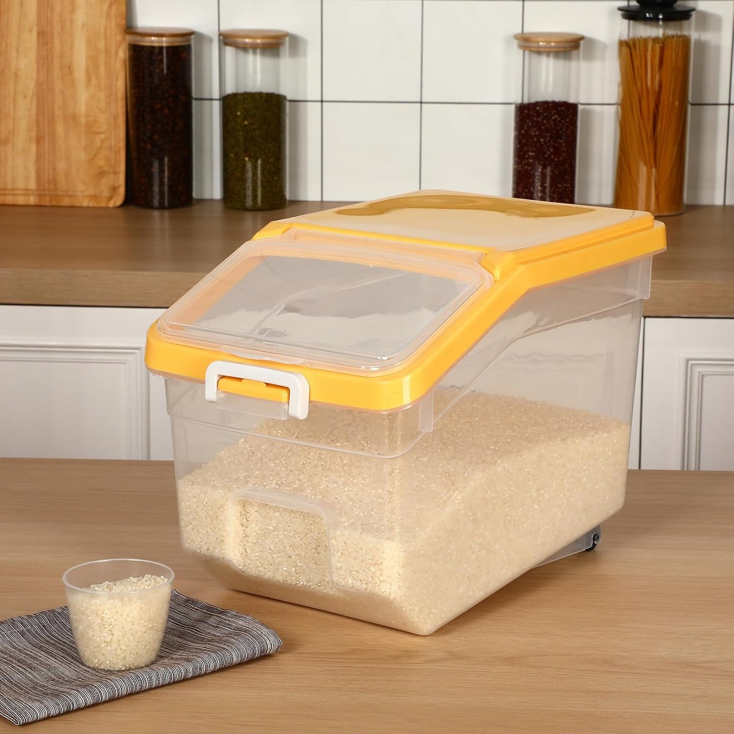 Sunnyray 4 Pcs Rice Storage Container 22 lb Airtight Flour Container with Wheels Measuring Cup Clear Pet Food Cube Dog Cat Birds Food Bin Grain Cereal Organizer Box for Dry Baking Supplies(White Lid)