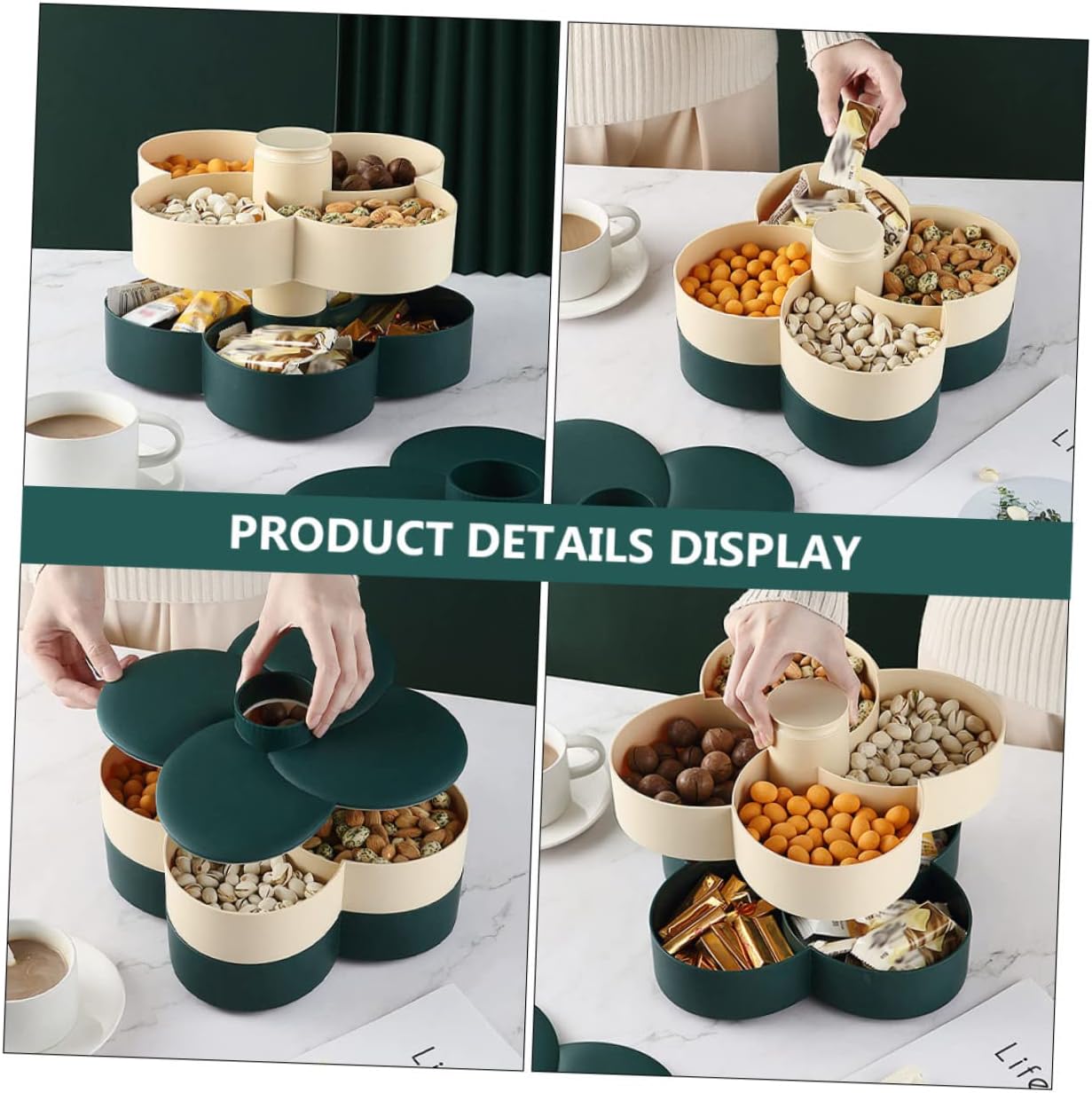 SMASOLO Double Layer Rotating Snack Storage Tray with Lid Divided Candy and Nut Organizer for Home Office and Party Use Green