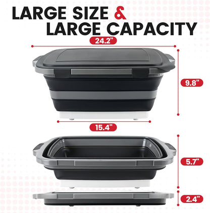 BBQ Prep Tub 3-IN-1 Large 16L Collapsible Cutting Board with Locking Lid for Meal Prep Marinating Food, Camping Sink with Colander, Dish Basin, Storage Blanket for Camping Picnic BBQ, Black