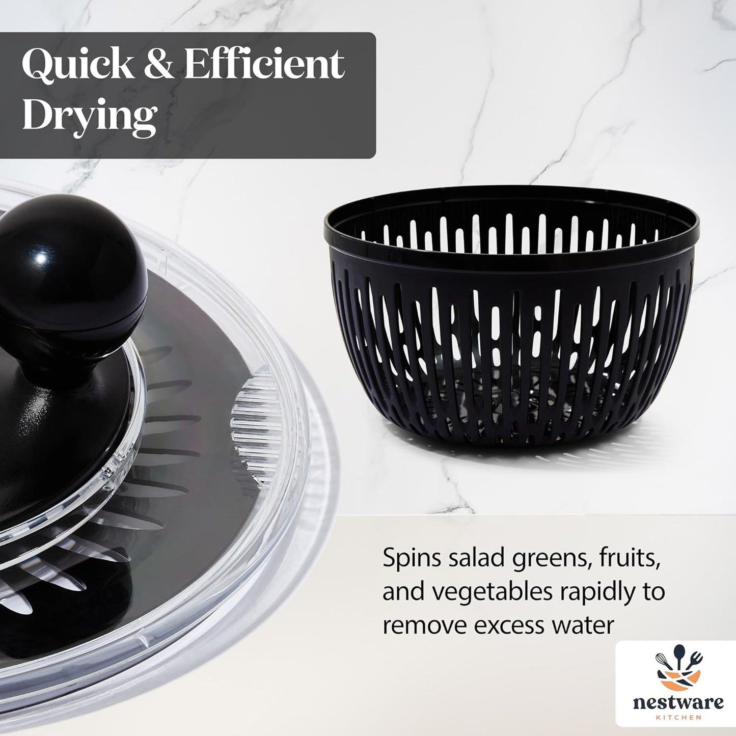 Stainless Steel Salad Spinner Large, 5.3 Qt - Lettuce, Vegetable & Fruit Washer & Dryer with Quick-Stop Brake Button, Colander Basket & Non-Slip Base (304 Stainless Steel - Black)