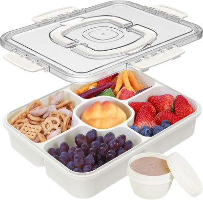 Caperci Large Portion Snackle Box Container - 5 Compartments Veggie Fruit Snack Divided Serving Tray with Lid and Dip Container for Party Picnic, Leak-Proof, Dishwasher Safe, BPA-Free (10.7 Cups)