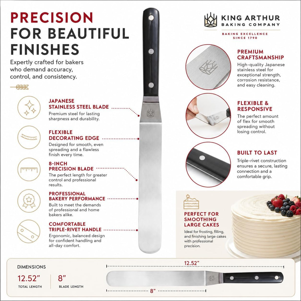 King Arthur Baking Company Offset Spatula, Japanese Stainless Steel, 8-Inch Flexible Blade, For Precise Cake Decorating