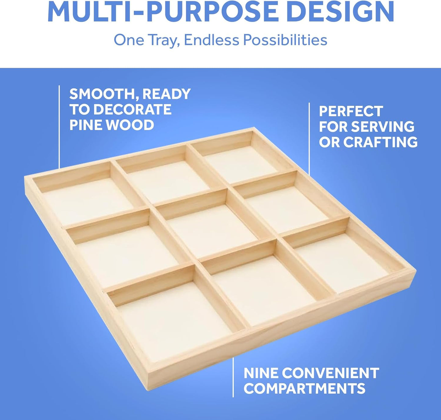 DIY Rectangle Wooden Divided Serving Tray 12 x 8-inch, Pack of 1 6-Section Candy Tray for Vegetable & Fruit Party Platters, by Woodpeckers