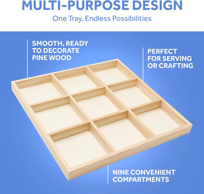 DIY Rectangle Wooden Divided Serving Tray 12 x 8-inch, Pack of 1 6-Section Candy Tray for Vegetable & Fruit Party Platters, by Woodpeckers