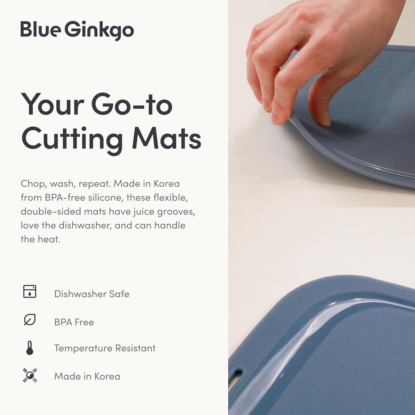 Blue Ginkgo Silicone Cutting Boards – Set of 3 (Small, Medium, Large) – Double-Sided, Thick, Flexible, Non-Slip, BPA Free – Juice Grooves, Dishwasher Safe (Made in Korea, Grey)