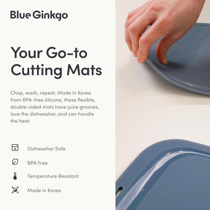 Blue Ginkgo Silicone Cutting Boards – Set of 3 (Small, Medium, Large) – Double-Sided, Thick, Flexible, Non-Slip, BPA Free – Juice Grooves, Dishwasher Safe (Made in Korea, Grey)
