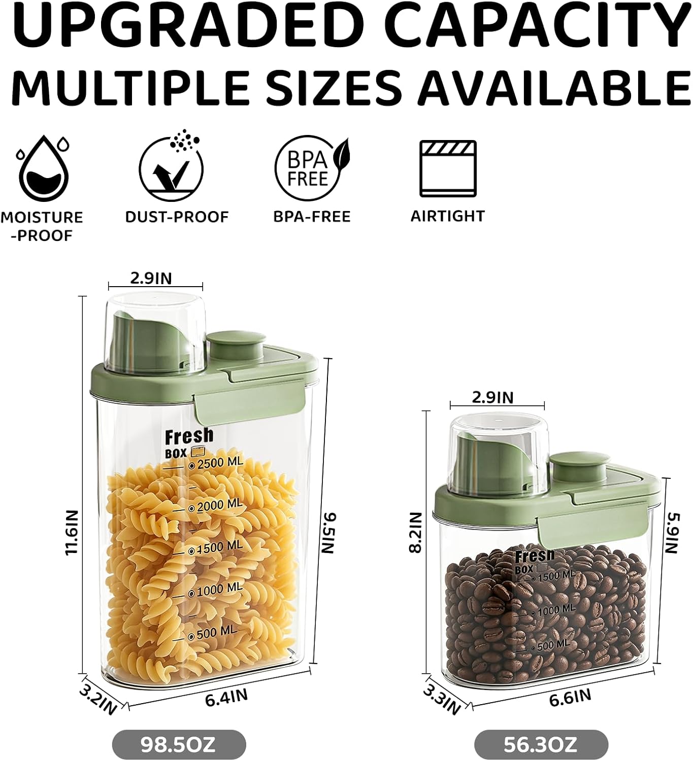 Air Tight Cereal Container Organizer-2PC 98.5oz Food Storage Container with Outlet Measuring Cup Lid, Ideal for Dry Food, Rice, Sugar, Pet Food dispenser - BPA free（Green）