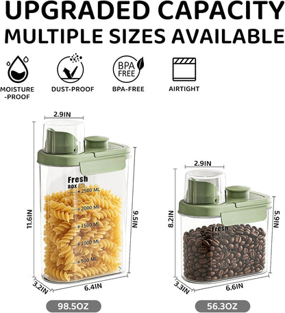 Air Tight Cereal Container Organizer-2PC 98.5oz Food Storage Container with Outlet Measuring Cup Lid, Ideal for Dry Food, Rice, Sugar, Pet Food dispenser - BPA free（Green）