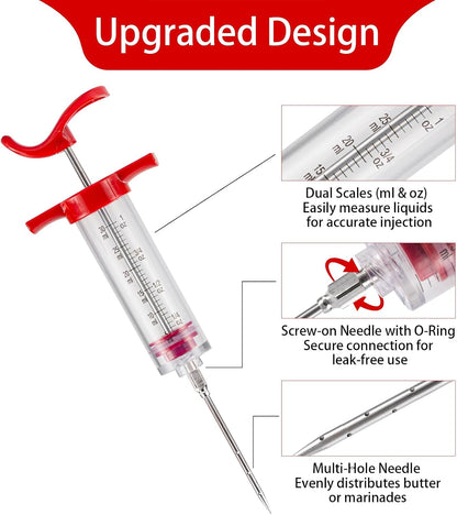 Meat Butter Injector Syringe, 1-oz Plastic Marinade Turkey Injector Kit, with 3 Stainless Steel Meat Needles, 1 Cleaning Brush and Replacement O Ring, Dual Scale (ml/oz), for Turkey, BBQ Grill Smoker