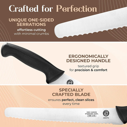 ABIOTO Serrated Bread Knife and Foldable Bread Slicer for Homemade Bread - An Ultimate Bread Slicing Set - No Splinters with HDPE Base and Maple Fingers