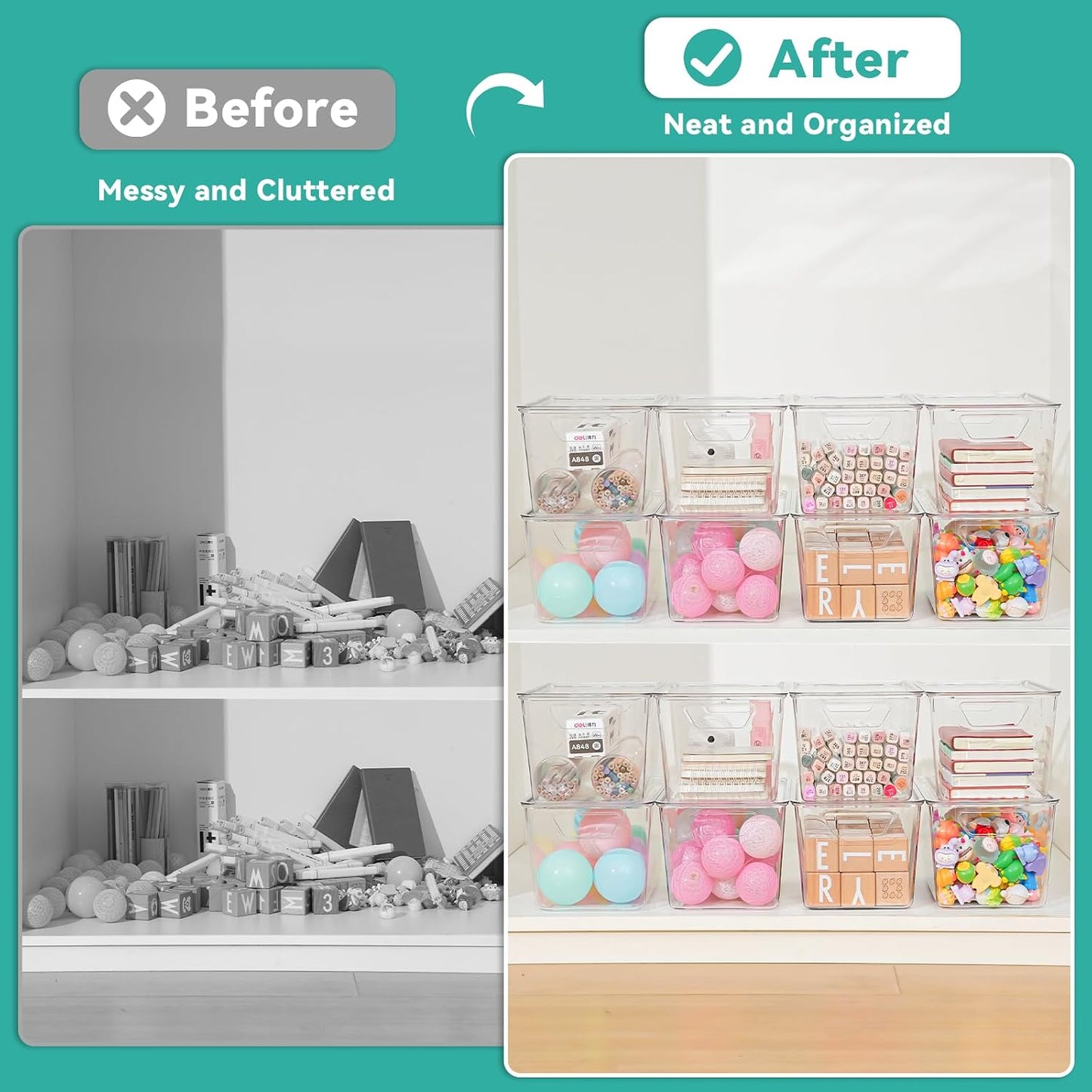 6 Pack Small Clear Storage Bins with Lids, Acrylic Arts and Craft Storage Containers, Stackable Clear Plastic Craft Storage Bins with Handles for Pantry Organizers and Storage, Kitchen, Fridge, Office