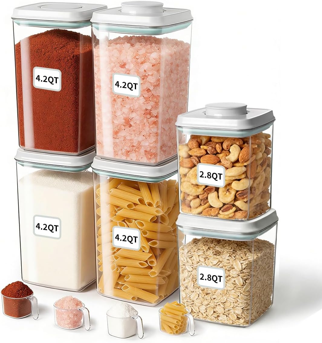 Airtight Food Storage with One-Touch Lid, (3 × 1.27 QT / 1.2 L) Stackable Durable PET for Sugar, Grains, Coffee Beans, and Baking Pantry Organization