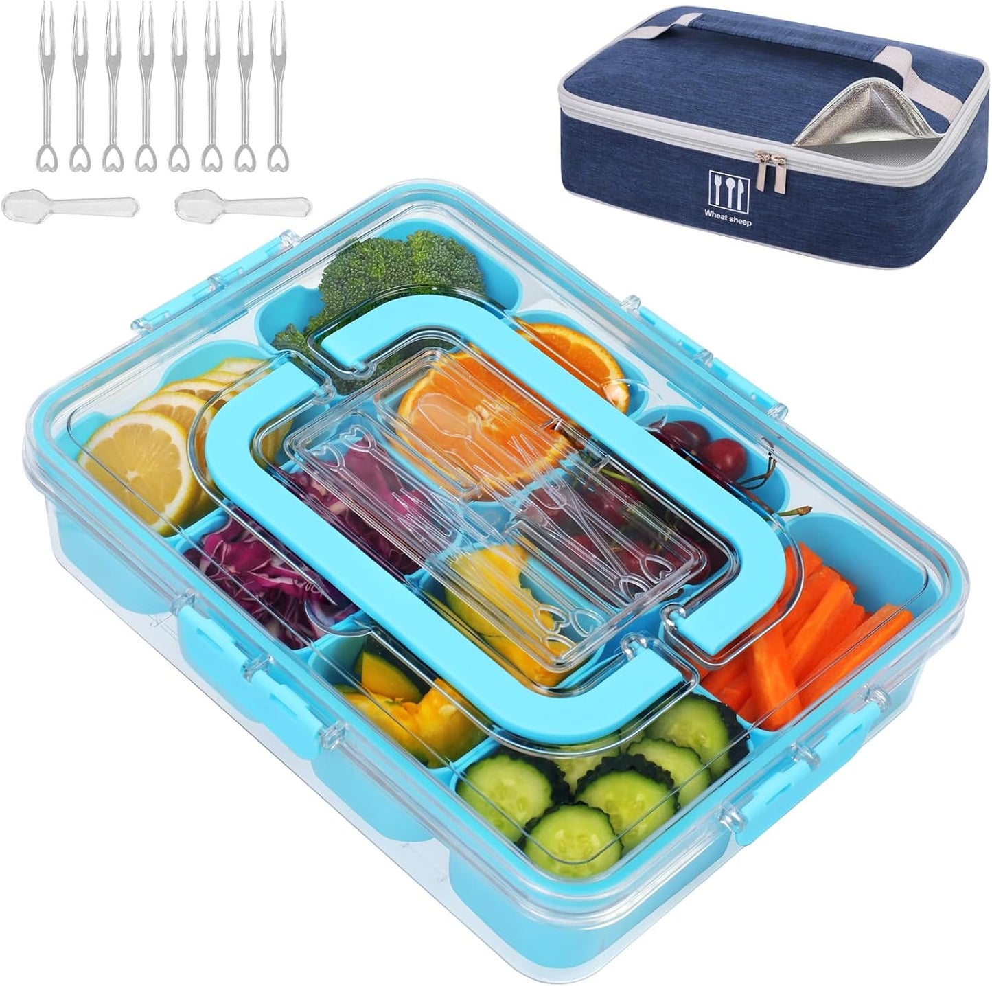 Snack Box Container with Insulated Cooler Bag, Divided Serving Tray with Lid and Handle Beach Essentials, Snackle Box Veggie Fruit Tray with 8 Compartments & 8 Forks & 2 Spoon