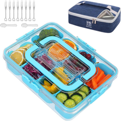 Snack Box Container with Insulated Cooler Bag, Divided Serving Tray with Lid and Handle Beach Essentials, Snackle Box Veggie Fruit Tray with 8 Compartments & 8 Forks & 2 Spoon