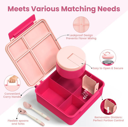 LOHASOK Bento Lunch Box Kids with 8oz Soup Thermo, Leak-Proof Lunch Containers with 4 Compartment, Thermo Hot Food Jar and Insulated Lunch Box for School Blue
