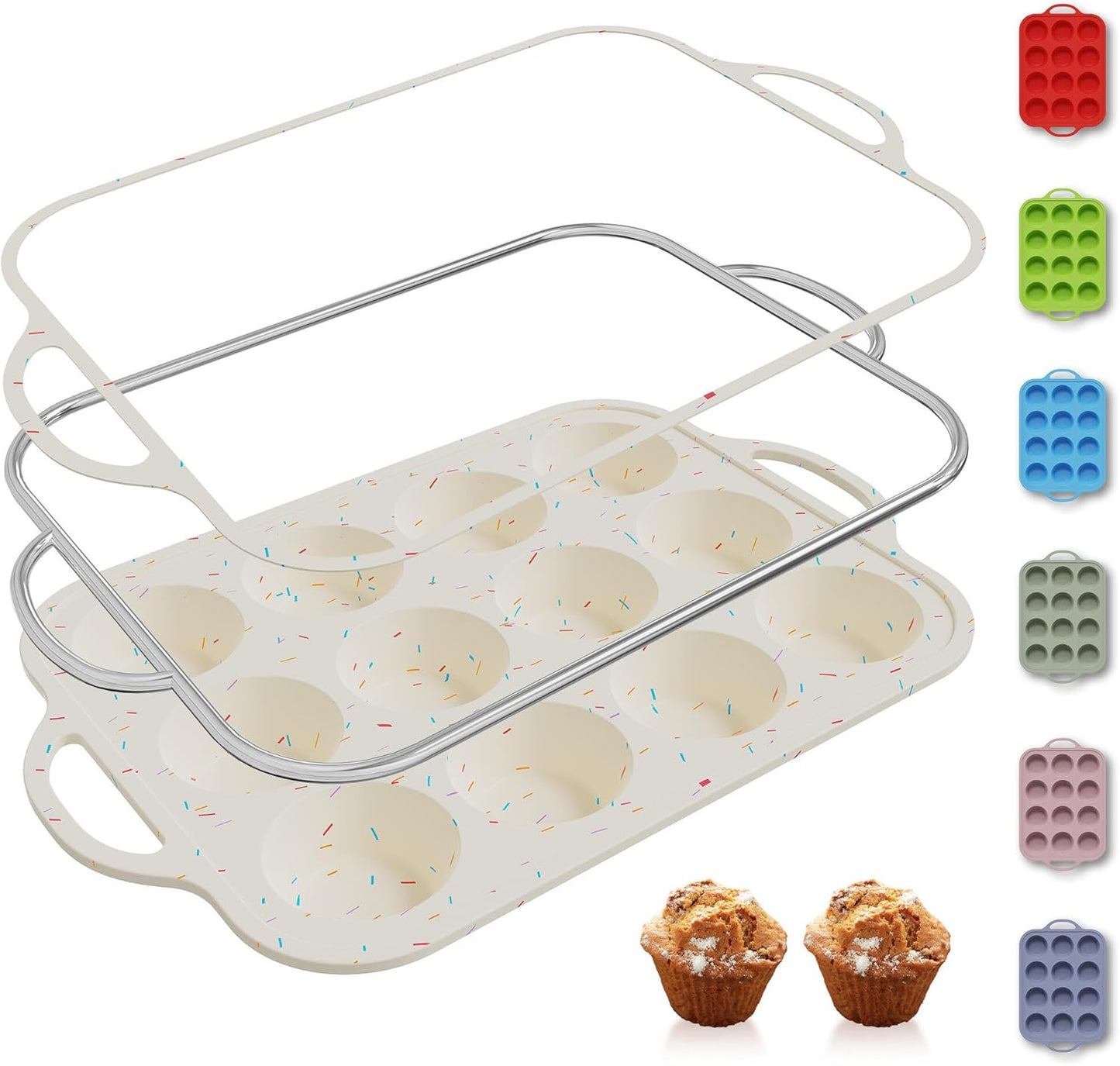 2 Packs 12 Cups Silicone Muffin Pan for Baking with Metal Reinforced Frame Regular Size Cupcake Pan Tray Egg Bites Silicone Cookie Molds Muffin Tin Tart Pans Sheet Set for Oven Dishwasher Safe