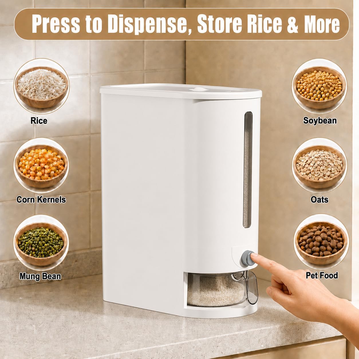 Rice Storage Container with Measuring Cup, Food Grain Dispenser for Dry Goods, Multi-Purpose Kitchen Pantry Storage Box (Transparent-10 pounds)