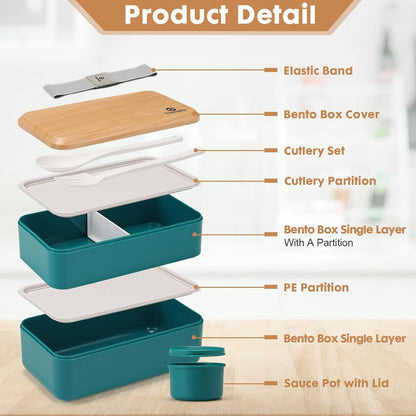 Sinnsally Bento Box for Kids and Adults, Stackable Japanese Bento Lunch Box Containers for Teens/Women with Compartments(47oz),Modern Lunch Containers with Utensil Set,Leak-Proof Lunchbox,Rectangle