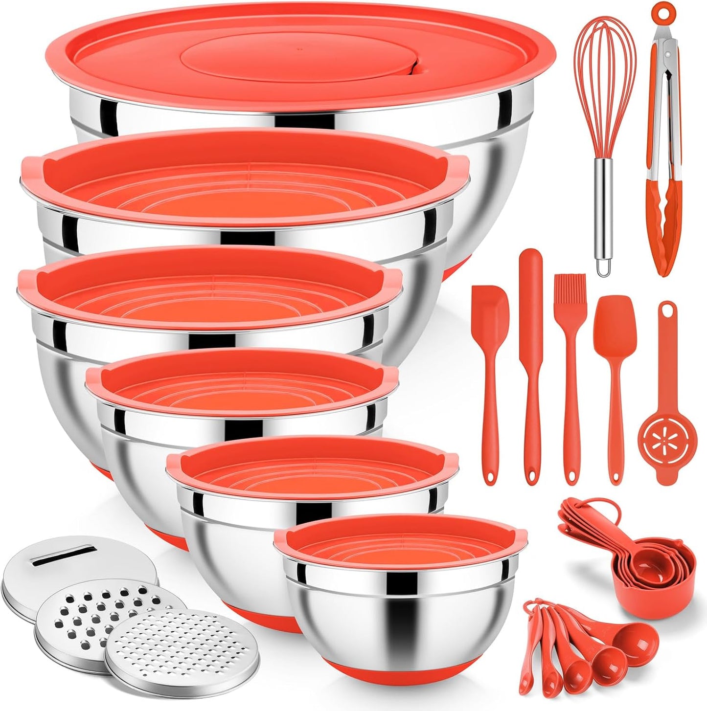 E-far 25PCS Mixing Bowls with Lid Set, Stainless Steel Nesting Prep Bowls with Grater Attachments Non-Slip Bottoms for Cooking, Serving, Food Storage, 4.6/2.6/2/1.5/1/0.7QT - Khaki