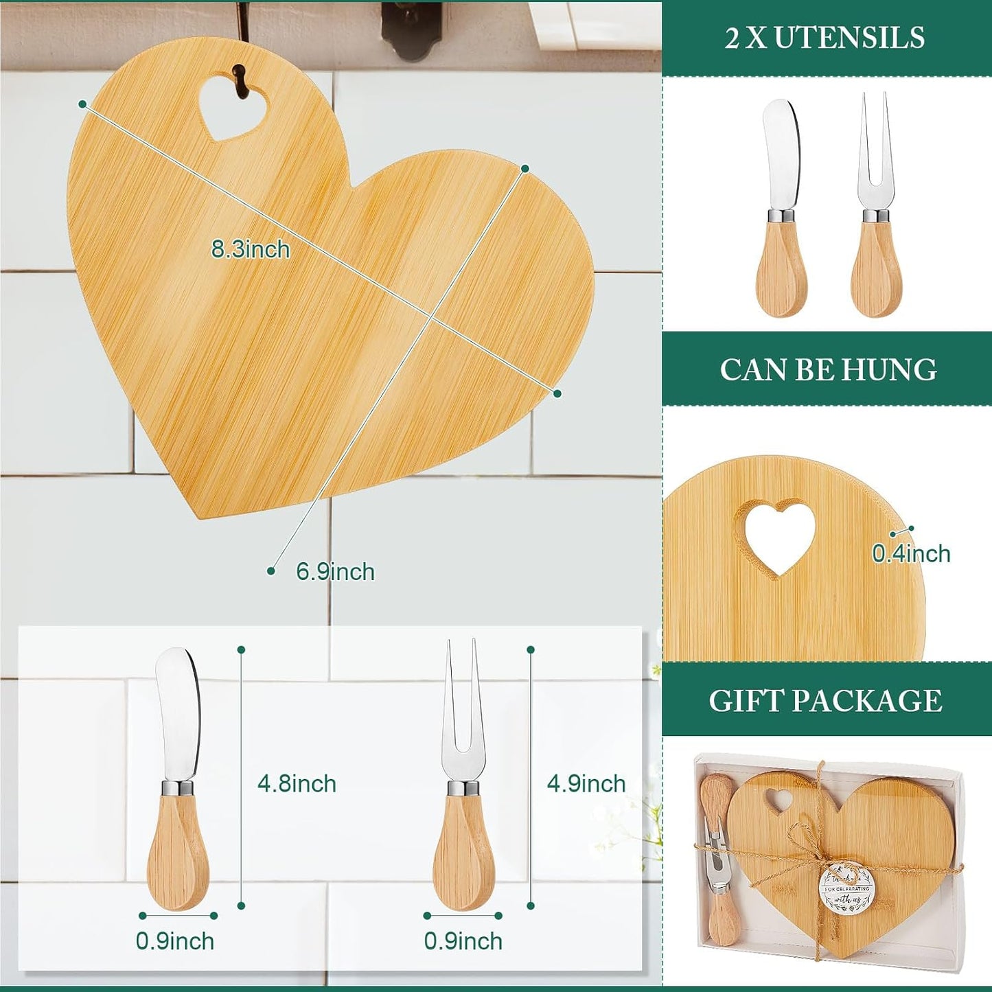 Patelai 24 Set Bridal Baby Shower Favor Heart Cheese Board with Knife, Wood Mini Charcuterie Board Thank You Gift Box for Guest Bridal Baby Shower Prize Wedding Valentines Birthday (Bamboo Color)