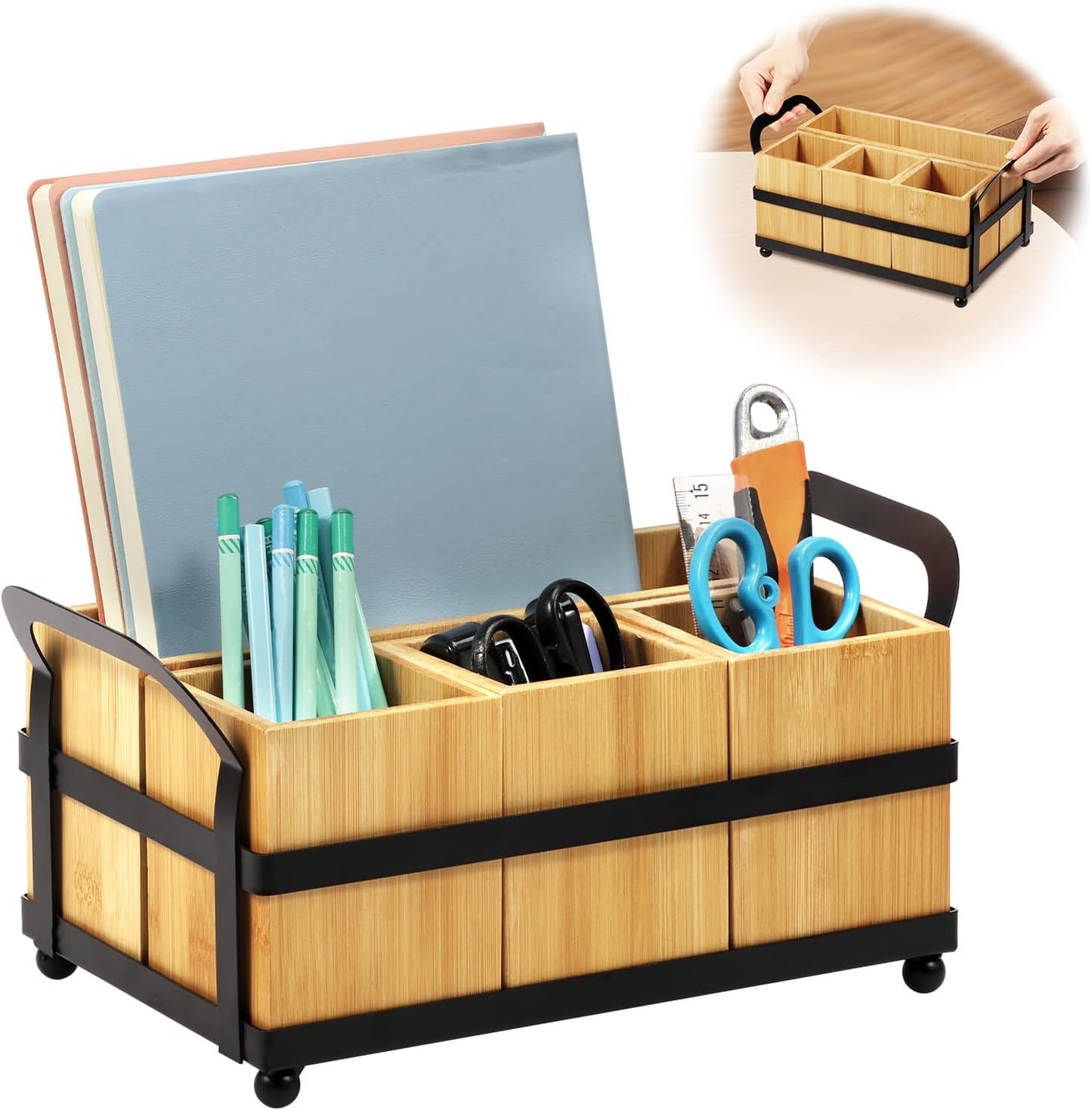 4 Compartment Silverware Caddy - Wood Silverware Holder with Double Handle, Bamboo Removable Slot Utensil Caddy, Rustic Farmhouse Flatware Holder for Paper Plates, Spoons, Forks, Napkins, Cutlery