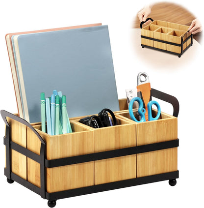 4 Compartment Silverware Caddy - Wood Silverware Holder with Double Handle, Bamboo Removable Slot Utensil Caddy, Rustic Farmhouse Flatware Holder for Paper Plates, Spoons, Forks, Napkins, Cutlery