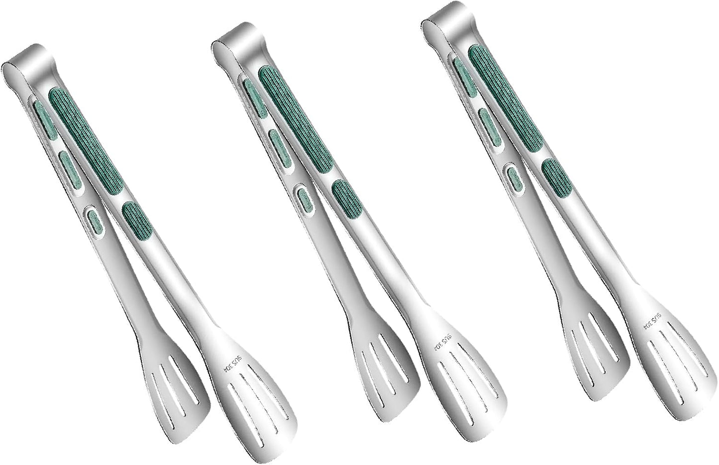 Stainless Steel Kitchen Tong Set - Anti-Slip Heat-Resistant Grip, Widened 3-Line Slotted Heads for Easy Clamping (Steaks, BBQ, Pasta, Salads), Easy Clean for Versatile Use Set of 3-6", Silver