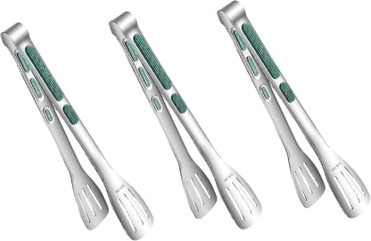 Stainless Steel Kitchen Tong Set - Anti-Slip Heat-Resistant Grip, Widened 3-Line Slotted Heads for Easy Clamping (Steaks, BBQ, Pasta, Salads), Easy Clean for Versatile Use Set of 3-6", Silver