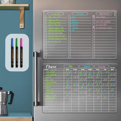 Clear Non-Magnetic Meal Planner Set for Fridge - Dry Erase Transparent Menu and List Board - Sticks to Wall, Glass, Door, Any Smooth Surfaces