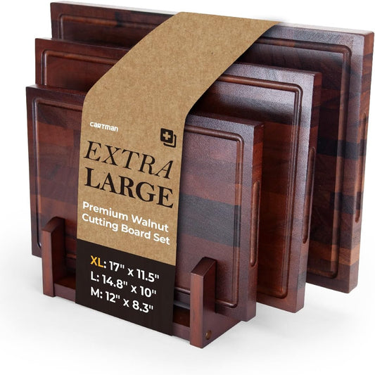CARTMAN 3-Piece Walnut Cutting Board Set with Dual-Purpose Holder, End Grain Wood Cutting Boards for Kitchen, Perfect for Meat, Vegetables and Charcuterie Displays