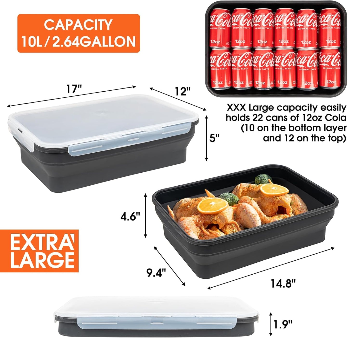 Silicone Collapsible Marinating Container with Lid for Meat, 2.64Gal/10L, Extra Large Collapsible BBQ Prep Tub, Transparent Locking Lid, XL Grill Prep Trays and Carry System, BBQ Must-Have, Black
