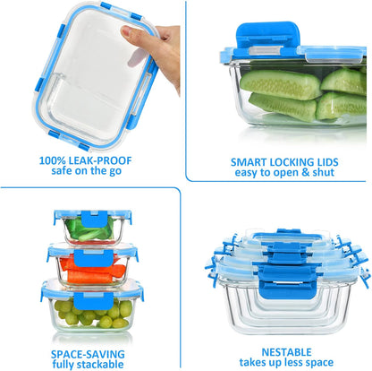 KOMUEE 24 Pieces Glass Food Storage Containers Set, Meal Prep Containers-Stackable Airtight Glass Storage Containers with lids,Freezer, Microwave, Oven Safe,Green