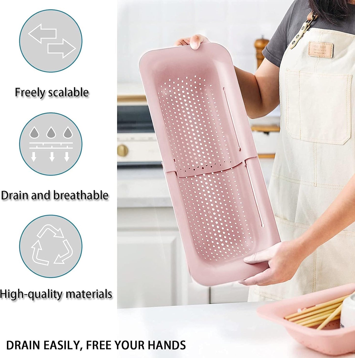 KesaPlan Collapsible Sink Colanders and Strainers Basket Over the Colander Extendable Plastic Fruit Vegetable Strainer Drainer for Kitchen(Length 14.3-19.4 inch)(Gray Set of 2)
