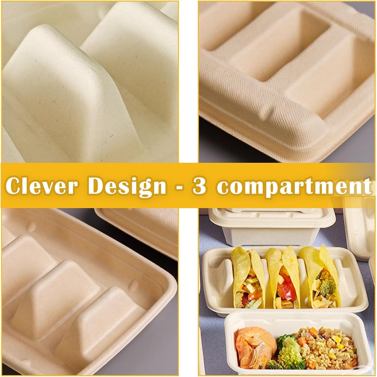 Nexboraque 50 Pack Disposable Taco Holder, 3 Compartments Biodegradable Taco Plates Taco Stands Bar Serving Set for a Party, Taco Tuesday, Microwave Safe