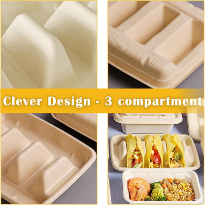 Nexboraque 50 Pack Disposable Taco Holder, 3 Compartments Biodegradable Taco Plates Taco Stands Bar Serving Set for a Party, Taco Tuesday, Microwave Safe