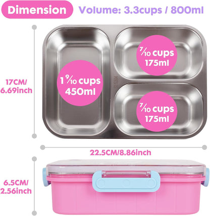 Stainless Steel Bento Lunch Box for Kids, 800ml/27oz BPA-Free Leak-Proof Food Containers with 3 Compartments, Freezer & Dishwasher Safe, Back to School Students Lunches Size for Ages 3-7