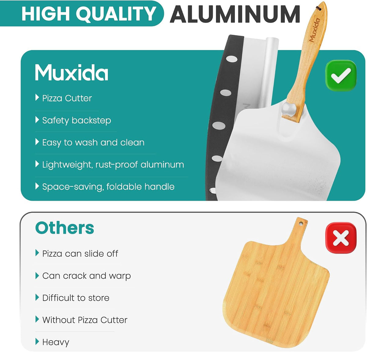 Aluminum Pizza Peel & Rocker Cutter Set (12" x 14") Premium Stainless Steel Pizza Paddle with Foldable Wooden Handle, Lightweight Pizza Spatula with Storage Bag for Oven & Outdoor Pizza Maker
