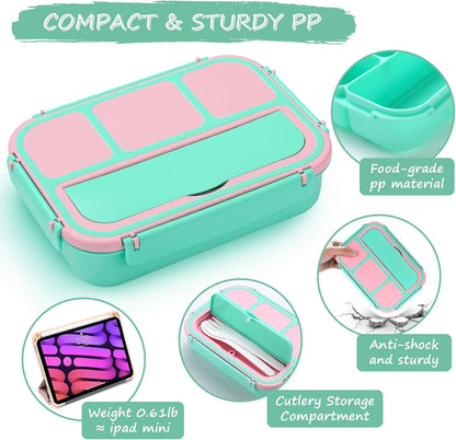 QQKO Bento Lunch Box for Kids Girls Boys, Toddler Kids Lunch Boxes for School, Lunch Containers for Adults with 4 Compartments, Sauce Container, Utensils, Food Picks and Muffin Cups, Purple