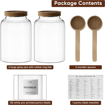 2 PCS Flour Sugar Storage Containers Glass Jar, 4000ml/1 Gallon/4.2 Qt/135oz,Large Glass Food Storage Jars with Wood Airtight Lids,for Tea,Spice,Cereal Rice Flour Pasta Sugar