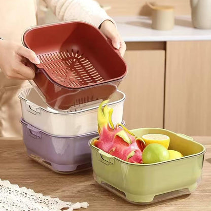 3 Pcs Set Double-Layer Plastic Colander, Large Capacity Food Strainers, Fruits Vegetable Washing Draining Basket, Detachable and Stackable Multi-Layer Strainer Bowl, Easy to Clean for Kitchen (Brown)