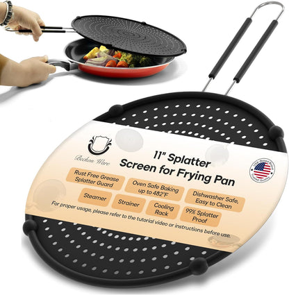 13-Inch Splatter Screen for Frying Pan - Silicone Grease Splatter Guard for 12"-13" Panss - |USA Brand|, Black | oven safe