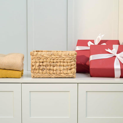 NAYA 11.6" Water Hyacinth Medium Wicker Shelf Basket – Storage Bin | Handwoven water hyacinth shelf basket with sturdy handles for pantry, towels and everyday home organization.