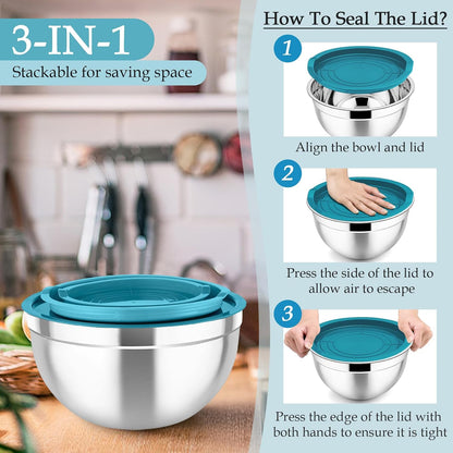 TeamFar Mixing Bowls, Stainless Steel Nesting Salad Bowls with Lids Set of 3 & 3 Grater Attachments, For Mixing/Serving/Storing, Non-toxic & Long-lasting, Size 4.6/3 / 1.5 QT, Black