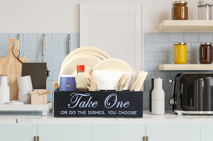 Paper Plate Holder Utensil Caddy Organizer - Rustic Wood Disposable Plate Dispenser with Handles for Cups, Forks, Spoons, Napkins and Silverware Holders (handle paper plate holder)