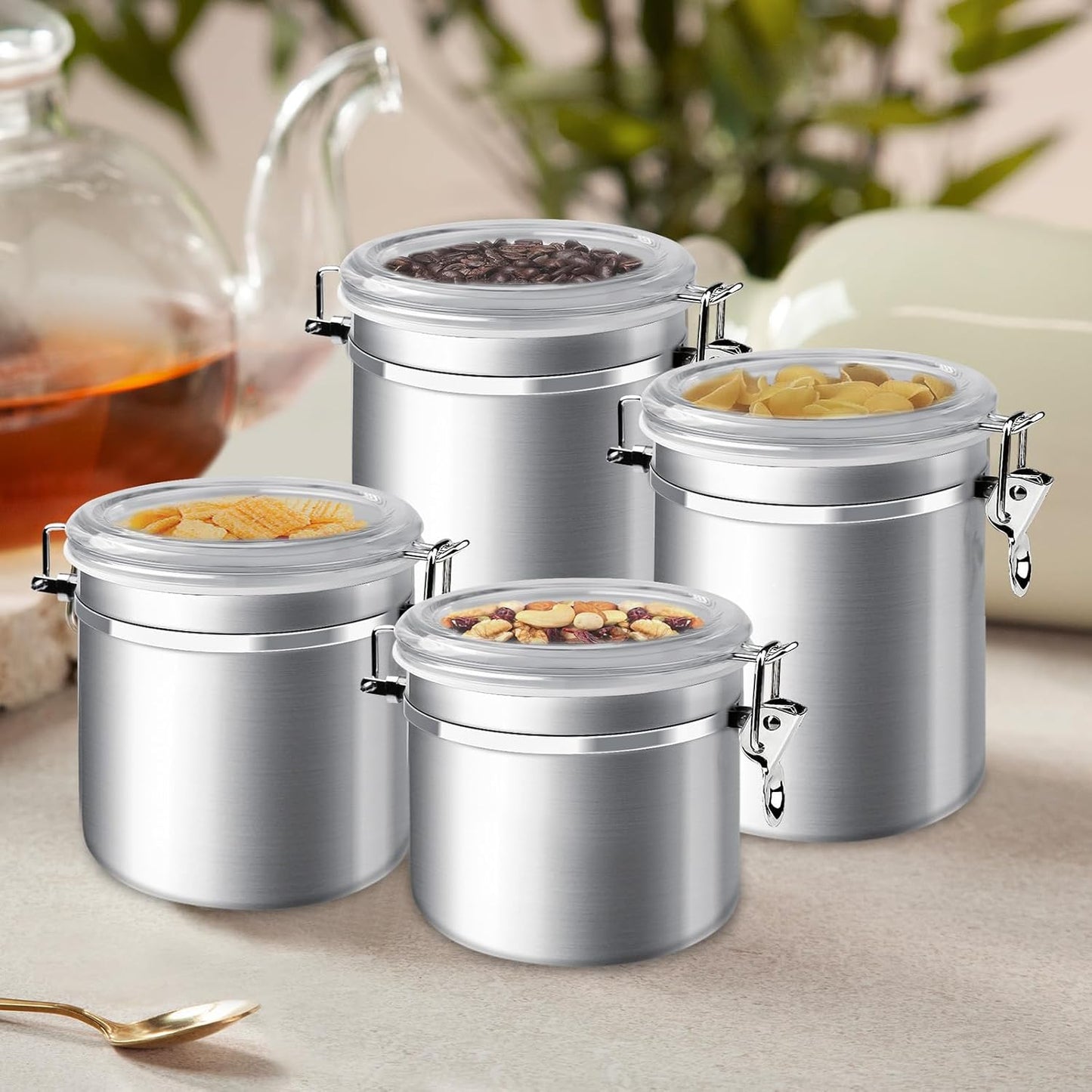 ENLOY 165oz Stainless Steel Airtight Canister for Kitchen, Large Flour Coffee Bean Tea Cereal Sugar Cookie Metal Food Storage Canisters with Clear Lid and Sturdy Locking Clamp (7.7 * 7.7 * 8.4in)