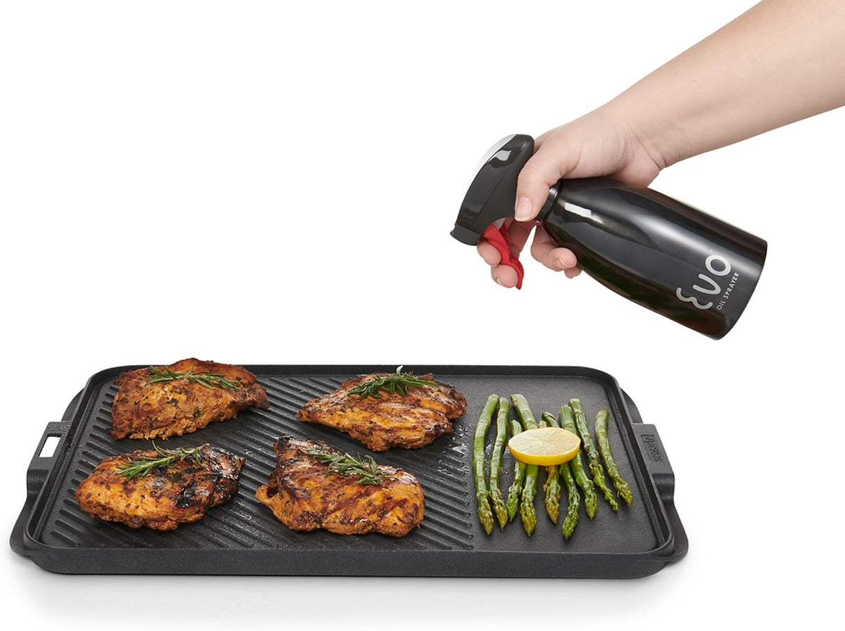 Evo Oil Sprayer 18/8 Stainless Steel, Non-Aerosol for Olive, Cooking Oils, and Vinegars, Silver, 16-Ounce Capacity