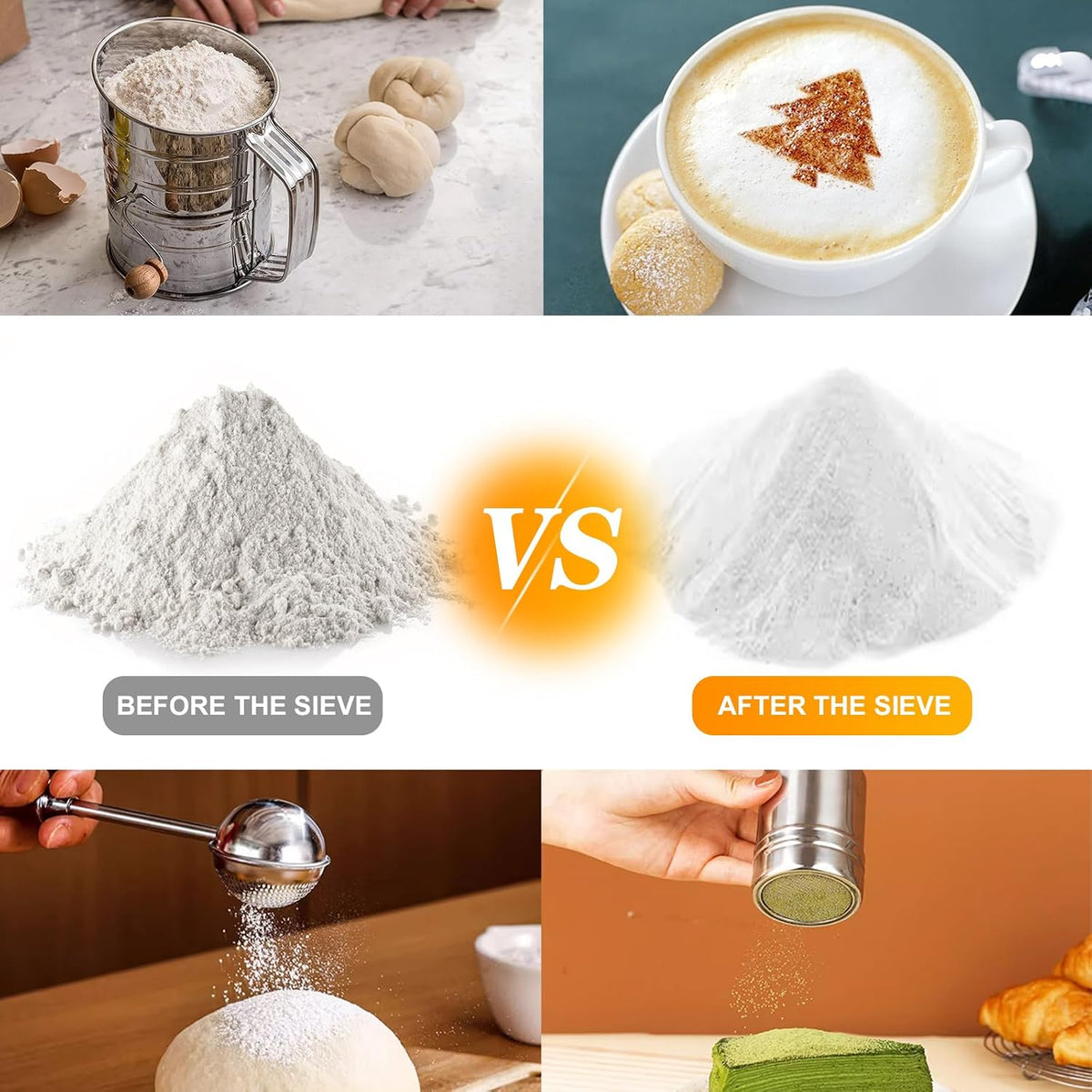 4 in1 Flour Sifter Stainless Steel, 5 Cup Flour Sifter for Baking, Sifter for Baking with Powdered Sugar Duster Set, Flour Shaker Duster for Baking Cakes, Pies, Pastries, Desserts and Cupcakes