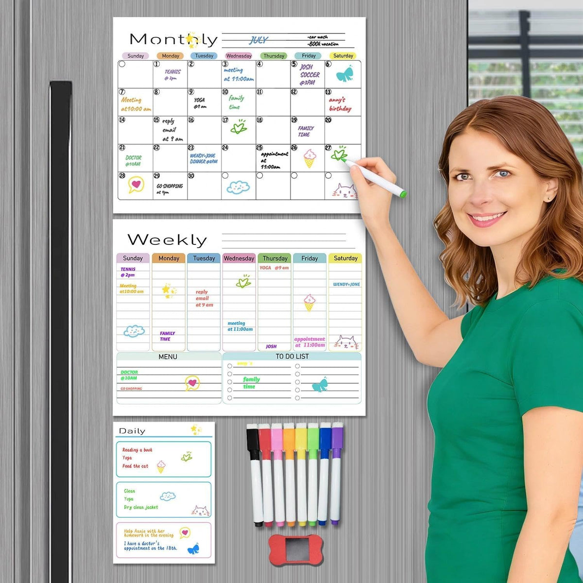 Hivillexun Black Magnetic Dry Erase Calendar for Fridge - 3 Pack Monthly, Weekly & Daily Planner Set (14"x11"), Includes 8 Neon Ultra-Fine Tip Markers & Large Eraser, Reusable Whiteboard for Kitchen